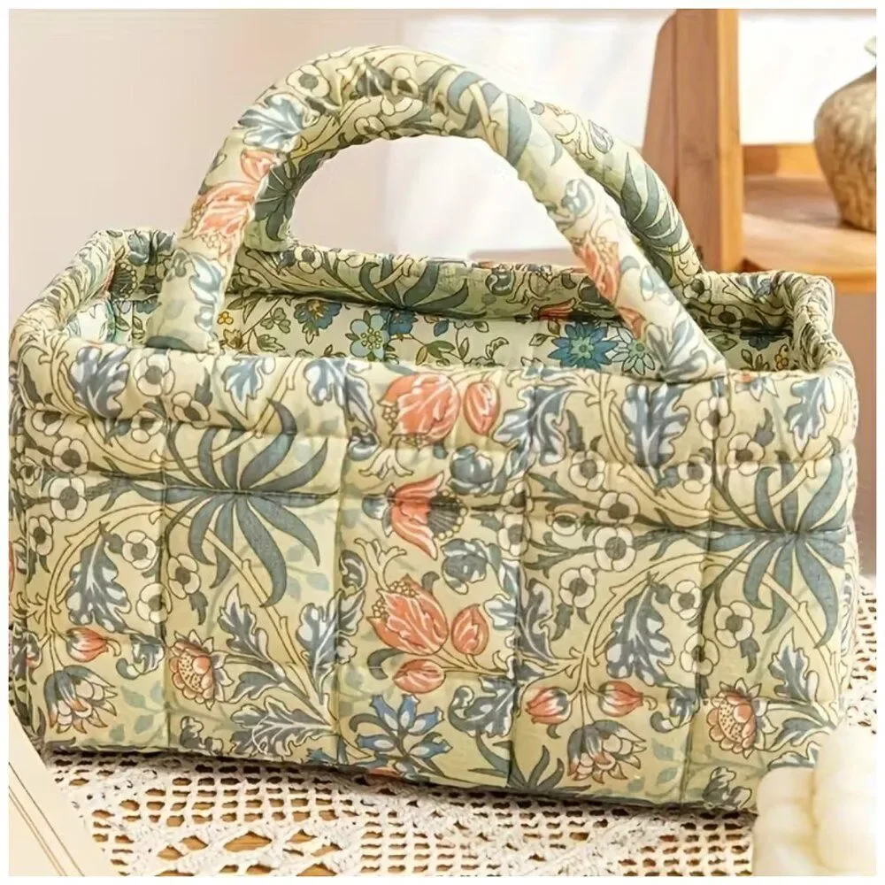 Vintage Floral Quilted Storage Basket Fabric Organizer Bin with Handles